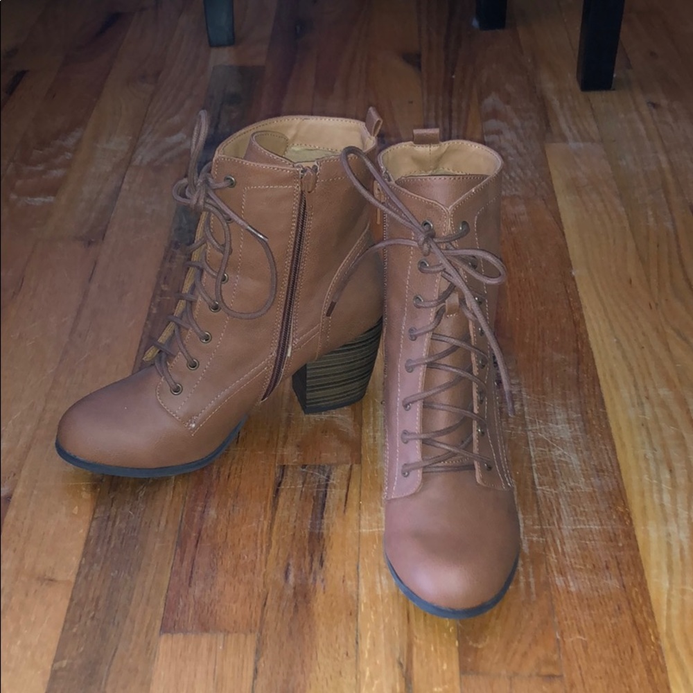 Brown faux leather lace up ankle booties